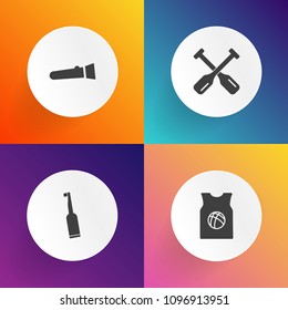 Modern, simple vector icon set on gradient backgrounds with wooden, sport, t-shirt, game, fashion, tool, basketball, team, canoe, energy, hygiene, dental, paddle, toothbrush, rowing, boat, torch icons