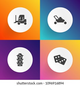 Modern, simple vector icon set on gradient backgrounds with control, urban, safety, equipment, two, cargo, garden, gambling, stop, mover, delivery, game, road, casino, color, tool, gardening icons