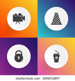 Modern, Simple Vector Icon Set On Gradient Backgrounds With Cappuccino, Latte, Movie, Presentation, Conference, Security, Cafe, Highway, Show, Cinema, Street, Key, Warning, Projection, Caffeine Icons