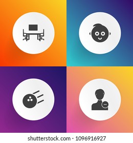 Modern, simple vector icon set on gradient backgrounds with human, competition, computer, office, bowling, desk, boy, baby, childhood, top, fun, account, alley, avatar, person, notebook, web icons