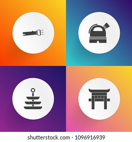 Modern, simple vector icon set on gradient backgrounds with landmark, religion, plate, lunch, japan, object, bulb, asia, asian, telescope, food, fork, shine, tourism, equipment, science, shrine icons