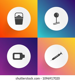 Modern, simple vector icon set on gradient backgrounds with button, medicine, map, point, marker, syringe, clean, empty, handle, web, pointer, navigation, health, white, location, pail, bucket icons