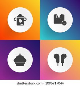 Modern, simple vector icon set on gradient backgrounds with cookie, baby, food, music, muffin, childhood, dessert, nutrition, menu, equipment, volume, bottle, chocolate, white, plastic, kid, man icons