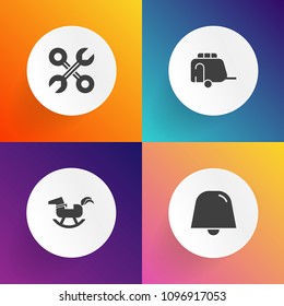 Modern, simple vector icon set on gradient backgrounds with home, internet, bell, button, equipment, tool, ball, interface, house, transportation, rubber, repair, travel, work, notification, car icons