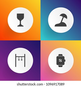 Modern, simple vector icon set on gradient backgrounds with cup, training, wristwatch, screen, exercise, wineglass, travel, gymnastic, glass, watch, smart, touch, beverage, bar, summer, nature icons