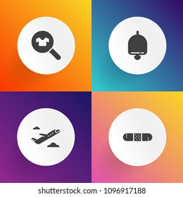 Modern, simple vector icon set on gradient backgrounds with trip, business, call, bell, lifestyle, bandage, airplane, air, emergency, alarm, indoors, medicine, clothing, aviation, tourism, woman icons