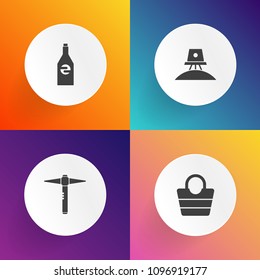 Modern, simple vector icon set on gradient backgrounds with handle, spaceship, exploration, beverage, object, container, leather, white, travel, accessory, astronaut, luggage, hammer, universe icons