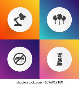 Modern, simple vector icon set on gradient backgrounds with light, no, tower, fun, desk, sea, conditioner, energy, lighthouse, house, happy, lamp, safety, background, interior, object, birthday icons
