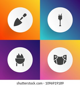 Modern, simple vector icon set on gradient backgrounds with food, baby, wine, tool, saw, equipment, ice, alcohol, instrument, bbq, steak, hygiene, construction, shovel, screwdriver, newborn, hot icons