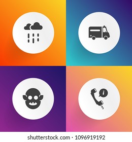 Modern, simple vector icon set on gradient backgrounds with science, rainy, spaceship, day, futuristic, monster, character, service, hospital, light, telephone, water, fiction, creature, support icons