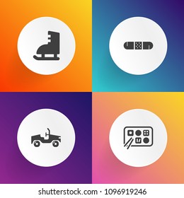 Modern, simple vector icon set on gradient backgrounds with speed, vehicle, asian, fun, chinese, first, silhouette, car, emergency, lunch, skating, food, sign, meal, sport, skate, cuisine, aid icons