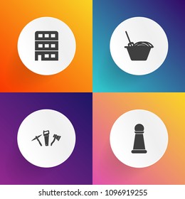 Modern, simple vector icon set on gradient backgrounds with dish, sign, pawn, piece, meal, urban, king, building, food, hammer, eat, business, dinner, city, castle, repair, lunch, structure, saw icons