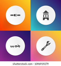 Modern, simple vector icon set on gradient backgrounds with toolbox, radio, delivery, van, belt, safe, repair, fasten, tower, transport, screwdriver, transportation, strap, care, antenna, truck icons