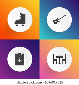 Modern, simple vector icon set on gradient backgrounds with roller, background, guitar, skate, office, navigation, button, skating, electric, website, sound, seat, arrow, fun, internet, modern icons