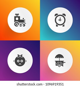 Modern, simple vector icon set on gradient backgrounds with sad, childhood, face, toy, vehicle, cartoon, alarm, boy, car, wake, object, cry, timer, time, play, little, expression, hour, portrait icons