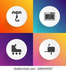 Modern, simple vector icon set on gradient backgrounds with object, hook, skate, technology, mail, box, postbox, fun, catch, bait, vintage, communication, skating, roller, sign, send, sport, web icons