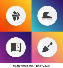 Modern, simple vector icon set on gradient backgrounds with dessert, decoration, brown, foot, white, vanilla, wood, door, hammer, tool, clothing, chocolate, instrument, wrench, fashion, cabinet icons
