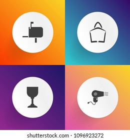 Modern, simple vector icon set on gradient backgrounds with hair, delivery, post, champagne, postbox, hairdryer, hairdresser, bar, dryer, wineglass, glass, beverage, communication, store, market icons