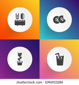 Modern, simple vector icon set on gradient backgrounds with plant, tasty, pot, decoration, dessert, garden, white, cookie, drink, cocktail, restaurant, eat, cup, leaf, sign, delicious, beverage icons