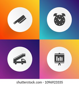 Modern, simple vector icon set on gradient backgrounds with minute, airport, knife, spoon, sign, utensil, graph, hour, watch, timer, template, document, kitchen, time, truck, alarm, chart, car icons