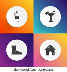Modern, simple vector icon set on gradient backgrounds with beverage, cleaner, shoe, bar, estate, fashion, wear, concept, clean, boot, footwear, martini, alcohol, liquid, house, office, domestic icons