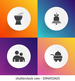 Modern, simple vector icon set on gradient backgrounds with concert, notification, bed, white, juice, musical, morning, percussion, drum, hotel, tray, man, room, alert, food, person, sign, bell icons