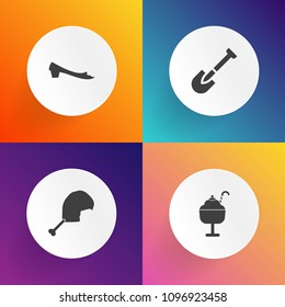 Modern, simple vector icon set on gradient backgrounds with icecream, agriculture, waffle, black, ice-cream, cone, brush, wrench, dessert, meat, farm, poultry, construction, building, ice, bird icons