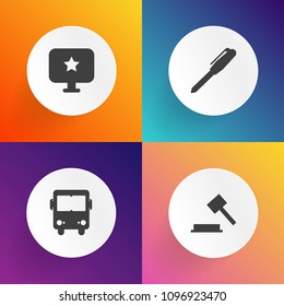 Modern, simple vector icon set on gradient backgrounds with judge, auction, sign, judgment, pencil, web, shape, star, business, transportation, courthouse, tool, office, crime, authority, hammer icons