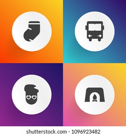 Modern, simple vector icon set on gradient backgrounds with vehicle, winter, holiday, graphic, flame, clothes, bus, fireplace, old, modern, transportation, interior, jersey, room, vintage, style icons