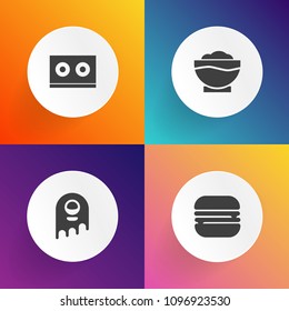 Modern, simple vector icon set on gradient backgrounds with sandwich, meat, hamburger, snack, fast, food, cheeseburger, vintage, bread, tape, restaurant, burger, retro, futuristic, spaceship icons