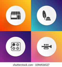 Modern, simple vector icon set on gradient backgrounds with energy, commerce, heat, sign, lifestyle, customer, supermarket, paper, object, sound, musical, horn, oven, stove, store, instrument icons