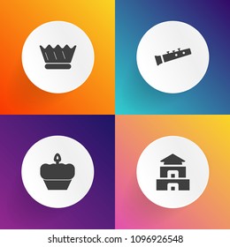 Modern, simple vector icon set on gradient backgrounds with asian, musical, sound, royalty, dessert, culture, harp, temple, kingdom, building, royal, cupcake, landmark, trumpet, menu, luxury icons