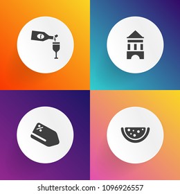 Modern, simple vector icon set on gradient backgrounds with alcohol, fresh, background, vegetarian, watermelon, price, gift, antenna, glass, winery, bottle, drink, merlot, shop, sign, beverage icons