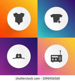 Modern, simple vector icon set on gradient backgrounds with west, textile, small, clothes, infant, boy, kid, radio, web, technology, hat, t-shirt, communication, western, sound, traditional, tee icons