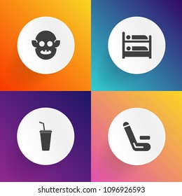 Modern, simple vector icon set on gradient backgrounds with player, room, batsman, bed, extraterrestrial, invaders, character, championship, alien, cricket, monster, cricketer, juice, hostel icons
