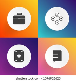 Modern, simple vector icon set on gradient backgrounds with pc, gaming, play, office, win, template, education, empty, fun, space, entertainment, background, suitcase, gamble, cover, textbook icons
