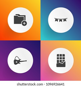 Modern, simple vector icon set on gradient backgrounds with gourmet, guitar, paper, dark, open, sound, eat, storage, food, jazz, colorful, candy, cocoa, musician, data, snack, event, file, white icons