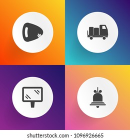 Modern, simple vector icon set on gradient backgrounds with instrument, element, billboard, song, traffic, cargo, poster, bell, van, musical, electric, delivery, city, alarm, auto, guitar, call icons