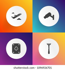 Modern, simple vector icon set on gradient backgrounds with video, security, casino, guard, poker, digital, protection, trip, play, element, flight, camera, transport, airplane, air, jet, razor icons