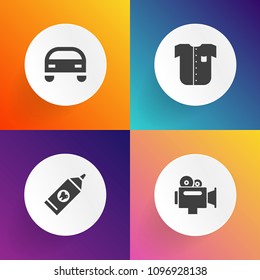 Modern, simple vector icon set on gradient backgrounds with camcorder, textile, professional, dental, hygiene, camera, automotive, mouth, car, record, cotton, lens, fashion, media, health, clean icons