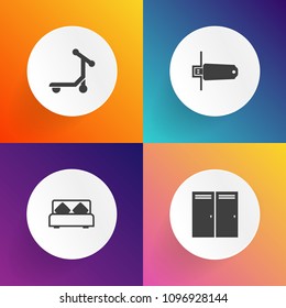 Modern, simple vector icon set on gradient backgrounds with exit, double, apartment, computer, house, door, scooter, sleep, doorway, office, modern, equipment, bed, transport, vehicle, hotel icons