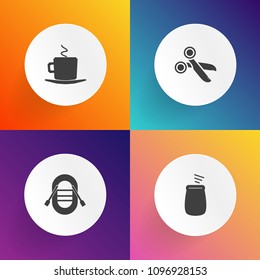 Modern, simple vector icon set on gradient backgrounds with transportation, cut, sound, paper, guitar, cafe, yacht, drum, morning, mug, espresso, ship, boat, black, transport, concert, piano icons