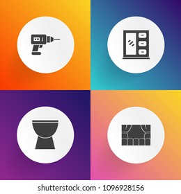 Modern, simple vector icon set on gradient backgrounds with home, sound, piano, object, door, art, storage, electric, trumpet, film, room, equipment, cinema, interior, industrial, hand, industry icons