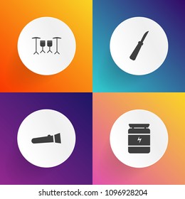 Modern, simple vector icon set on gradient backgrounds with lantern, drum, music, supplement, fitness, protein, bodybuilding, nutrition, tool, muscle, healthy, sound, kitchen, knife, restaurant icons