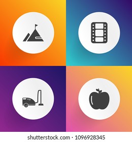 Modern, simple vector icon set on gradient backgrounds with juicy, cinema, entertainment, domestic, mountain, fruit, travel, appliance, summer, red, ripe, movie, graphic, electric, dust, healthy icons