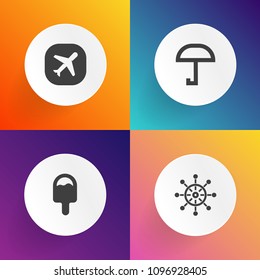 Modern, simple vector icon set on gradient backgrounds with umbrella, ice, white, plane, sign, marine, sailboat, frozen, sea, transportation, helm, snack, rudder, navigation, vessel, parasol icons