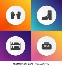 Modern, simple vector icon set on gradient backgrounds with safety, sign, back, boot, hotel, hostel, shoe, clothing, sleep, black, shoes, bed, luggage, motel, pair, object, briefcase, glove, bag icons