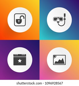 Modern, simple vector icon set on gradient backgrounds with empty, element, sign, party, abstract, photography, image, picture, event, award, underwater, beach, mask, unlock, album, snorkeling icons