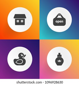 Modern, simple vector icon set on gradient backgrounds with child, building, door, graphic, duck, fashion, water, toy, product, cute, shop, residential, smell, architecture, rubber, elegance icons