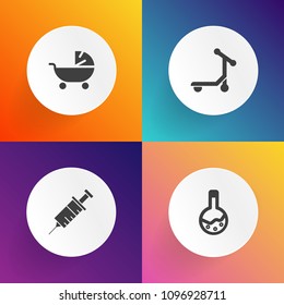 Modern, simple vector icon set on gradient backgrounds with carriage, equipment, medical, transportation, childhood, infant, young, dental, motorcycle, stroller, parent, dentist, speed, science icons